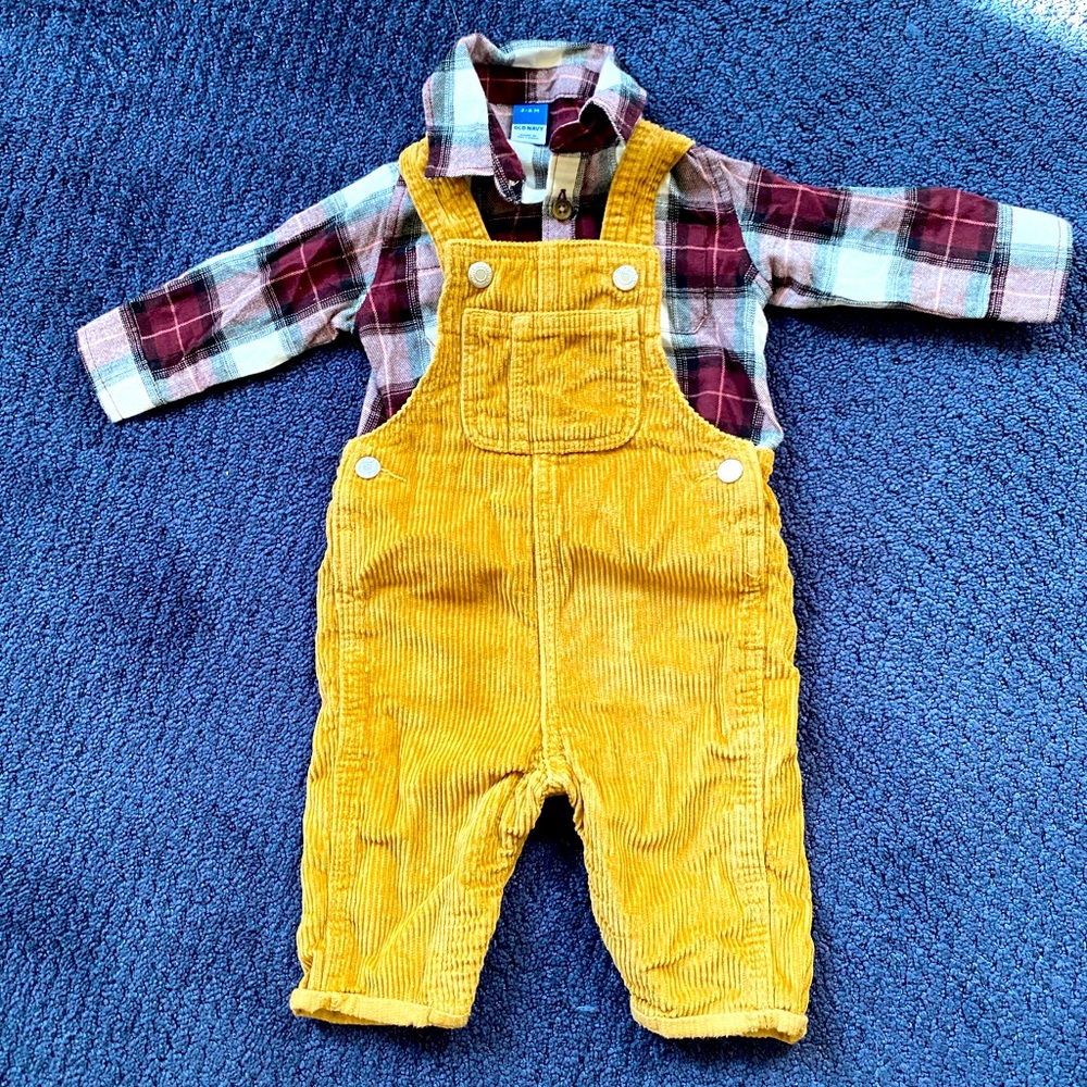3-6 Month Boy Corduroy Overalls and Plaid Shirt